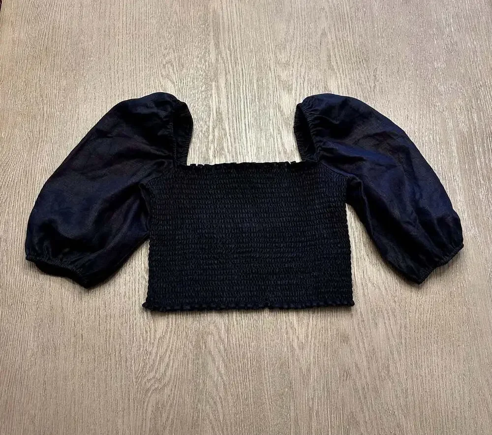 Reformation Scarlett Linen Smocked Puff Sleeve Crop Top Black Size 12